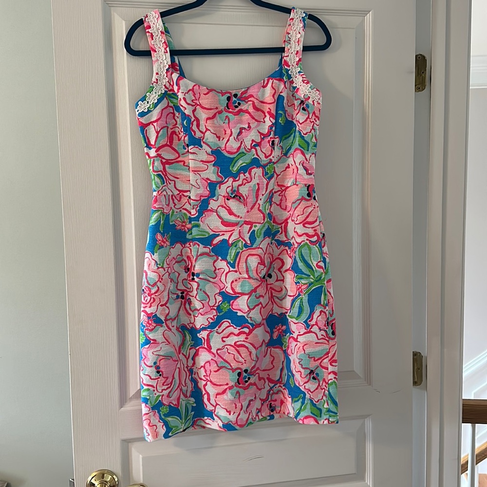 Lilly Pulitzer Nienne Dress Flutter Blue Lucky Charm Sheath Strap Floral Pink 6